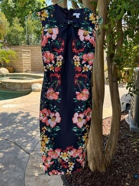 New York & Company Navy Floral Midi Dress with Pink & Yellow Blooms